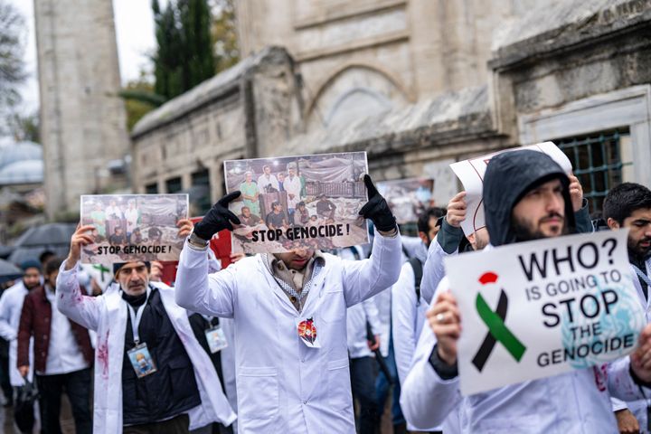 Turkish doctors and medical students participate in a silent march in solidarity with Palestinian doctors of the Gaza Strip in Istanbul on Dec. 9, 2023.