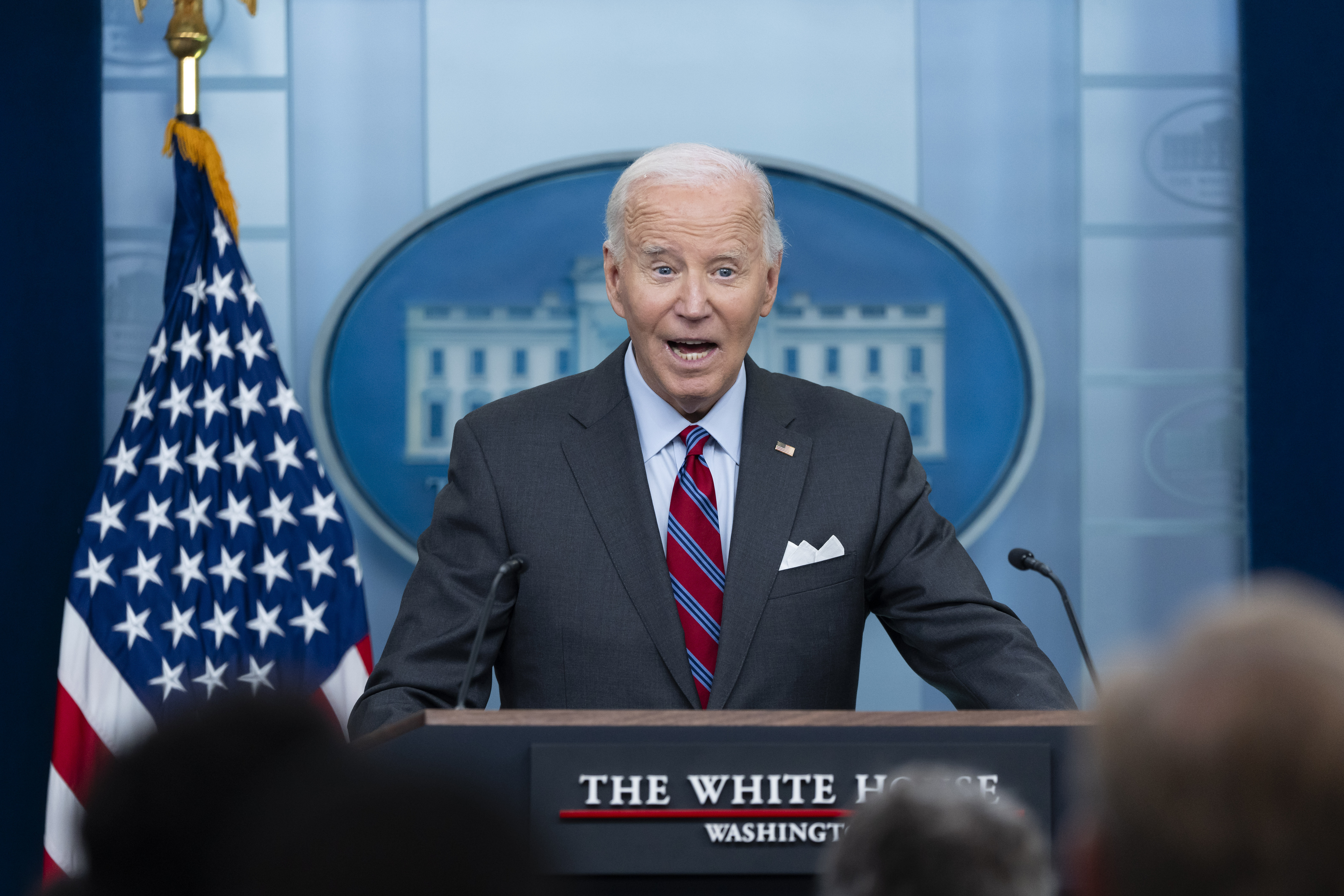 President Joe Biden speaks at the top of the daily press briefing, Friday, Oct. 4, 2024, at the White House in Washington. (AP Photo/Ben Curtis)