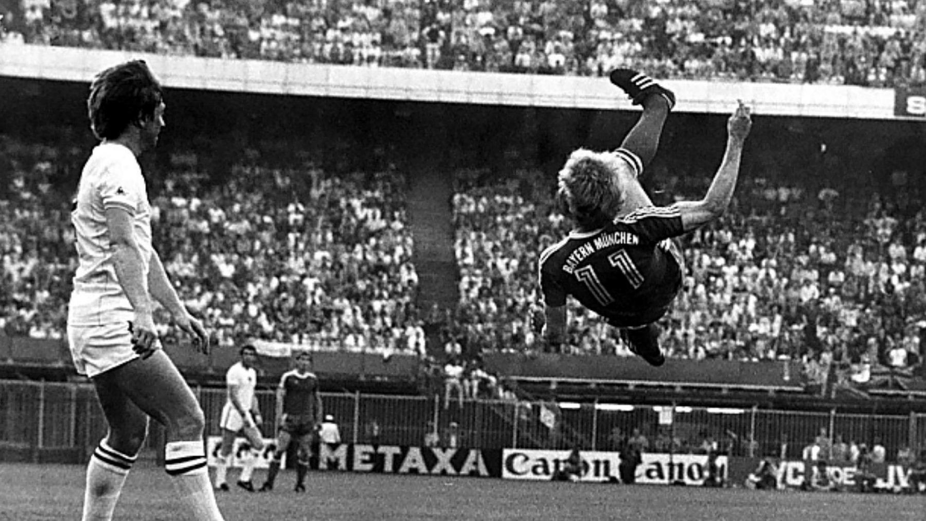 Karl-Heinz Rummenigge attempts an overhead kick in Bayern Munich's 1982 European Cup final defeat by Aston Villa