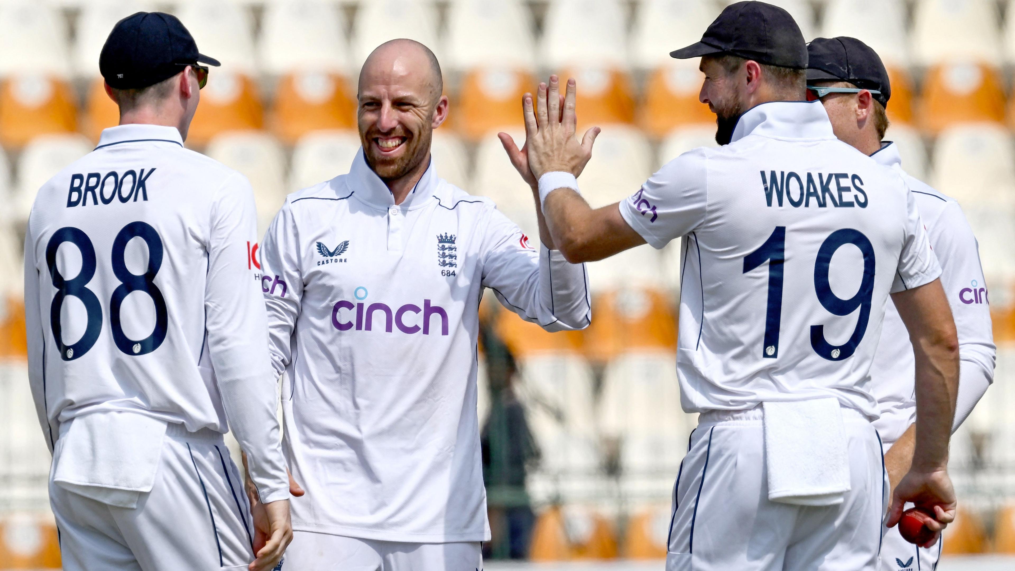 Jack Leach celebrates a wicket