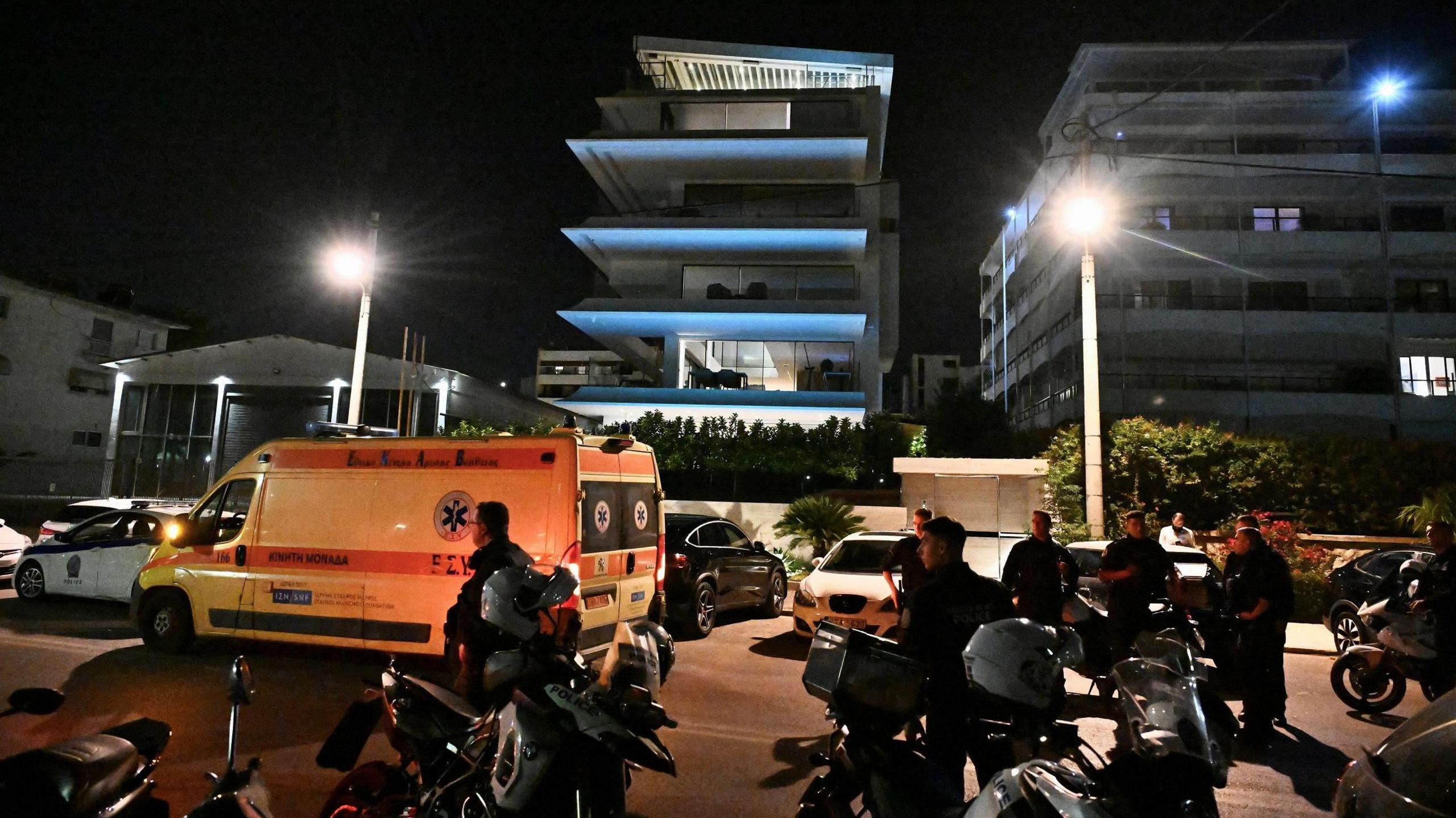 Police in the suburb of Glyfada where George Baldock was found dead