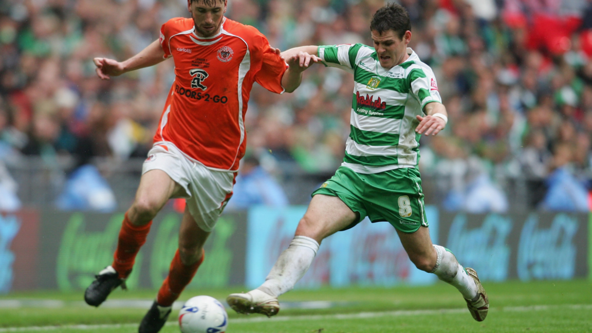 Anthony Barry (right) in action for Yeovil against Blackpool in the League One play-off final at Wembley in 2007