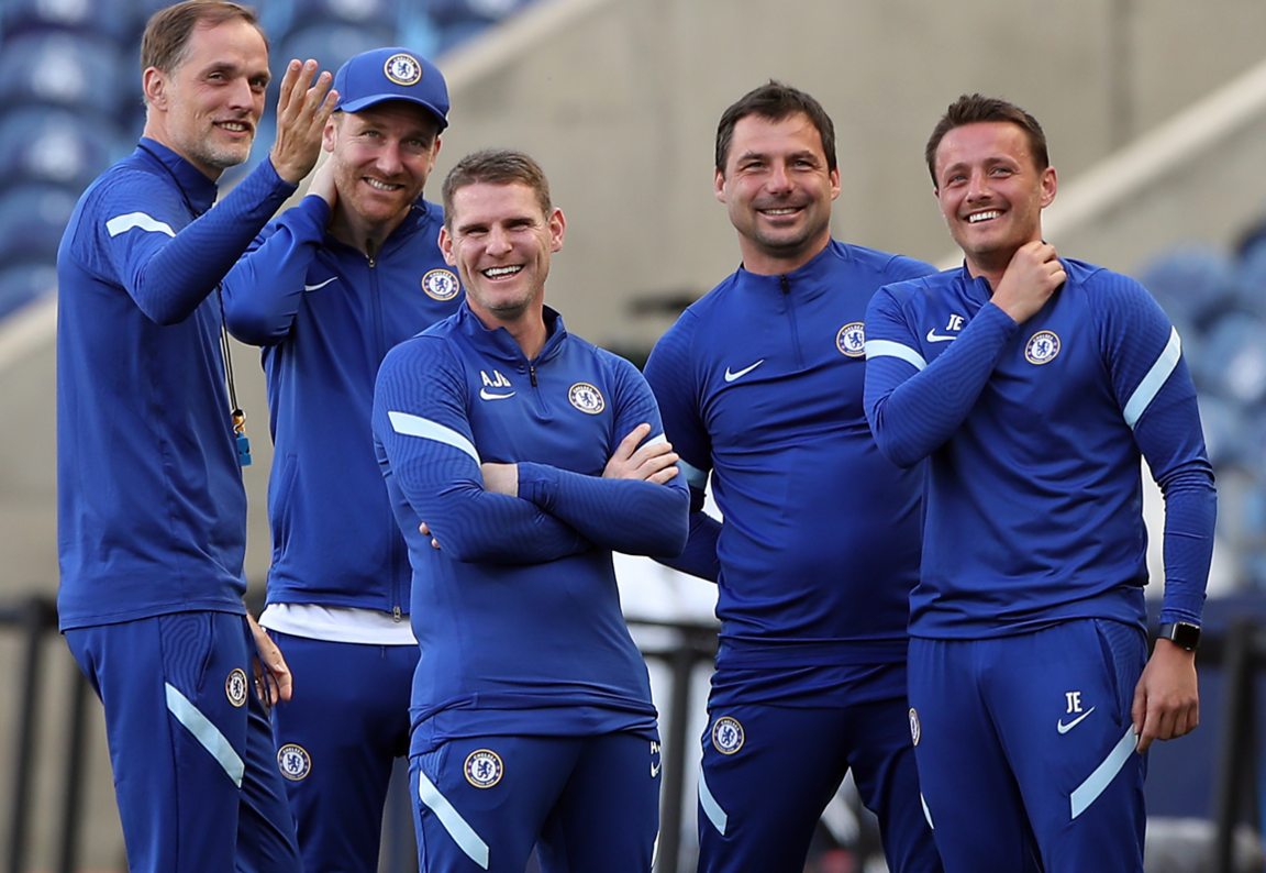 Anthony Barry (third left) with Chelsea boss Thomas Tuchel (left) and his coaching team