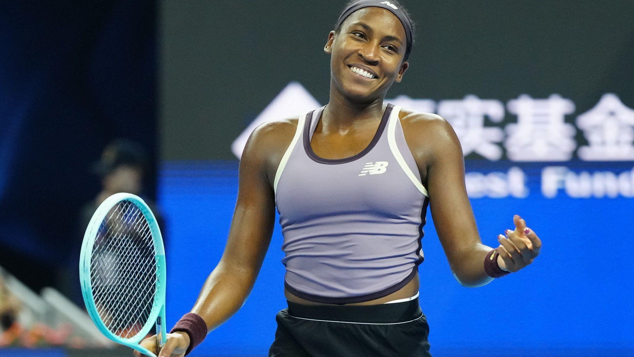 Coco Gauff celebrates winning the China Open