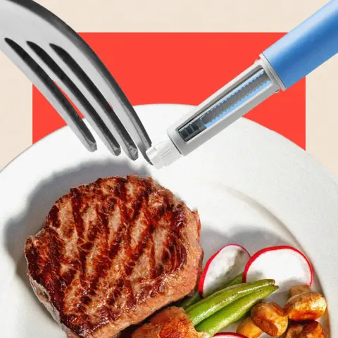 BBC A semaglutide injection pen is used as a knife alongside a fork and a plate with a meal