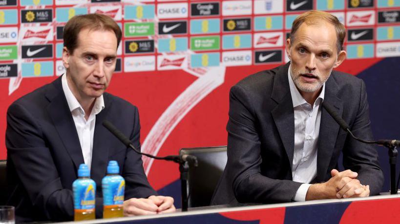 Mark Bullingham (left) and Thomas Tuchel at a press conference