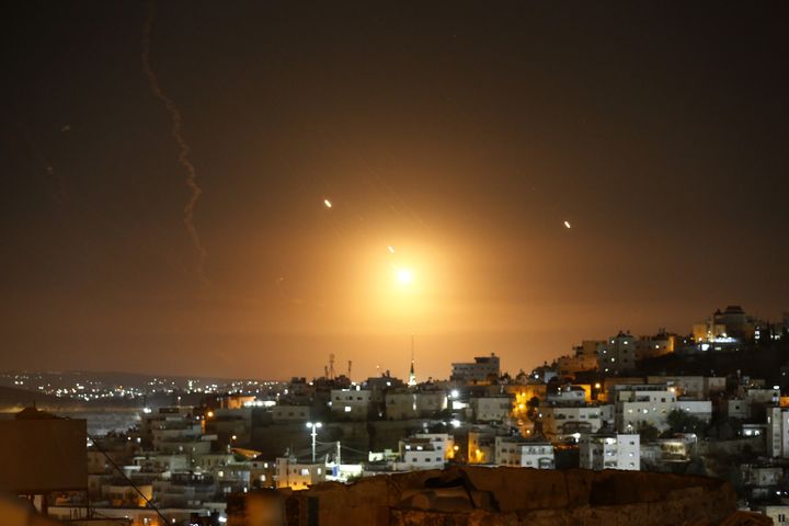 Many rockets, fired from Iran, are seen over Jerusalem from Hebron, West Bank on Oct. 1, 2024. The Israeli army announced that missiles were fired from Iran toward Israel and sirens were heard across the country, especially in Tel Aviv. 