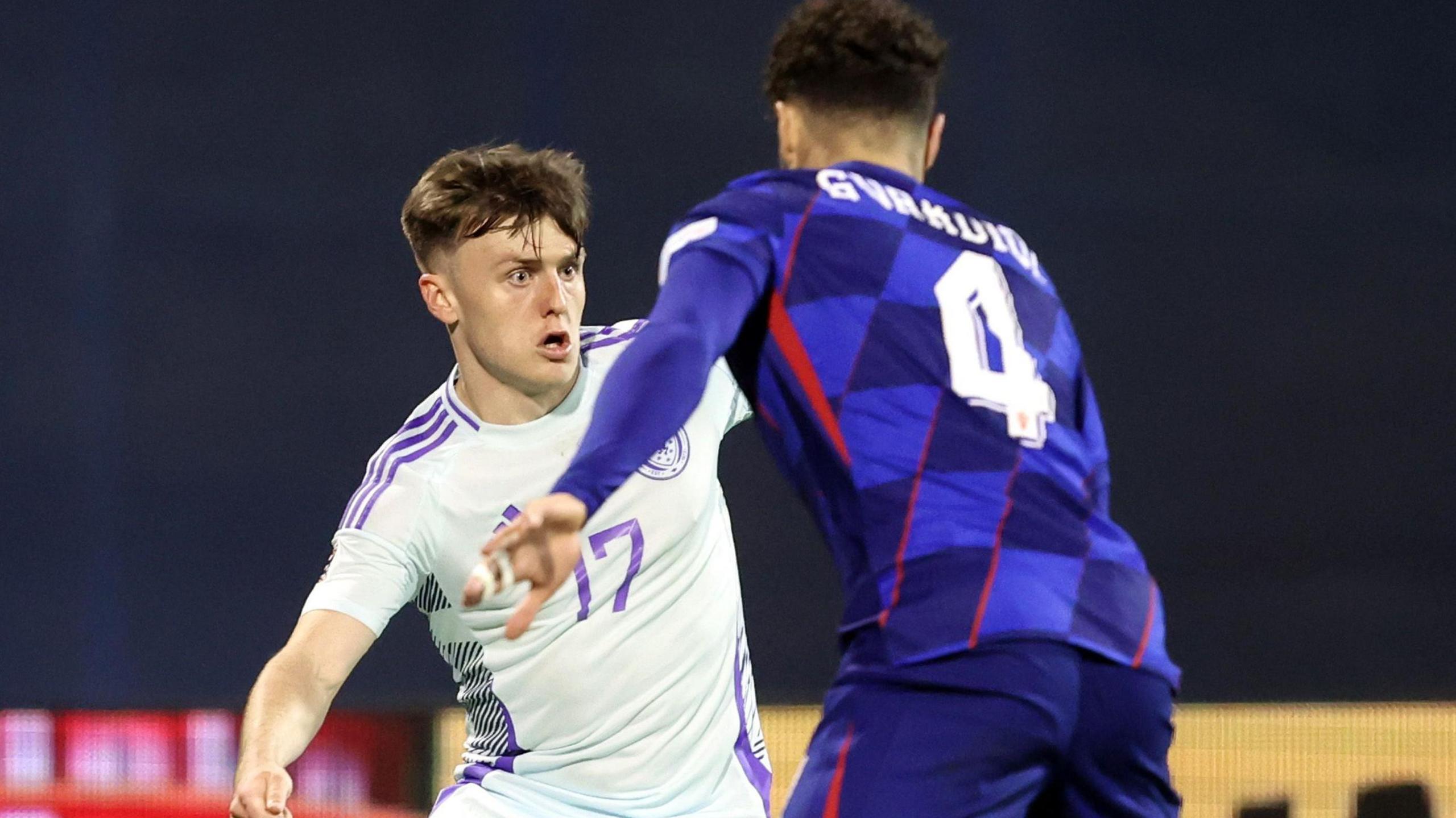 Scotland's Ben Doak and Croatia's Josko Gvardiol battle for the ball during the UEFA Nations League Group A1 match at the Stadion Maksimir in Zagreb, Croatia