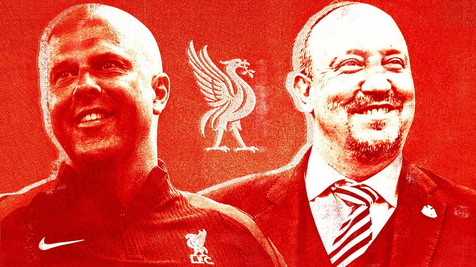 Current Liverpool manager Arne Slot (left) and former Reds boss Rafa Benitez