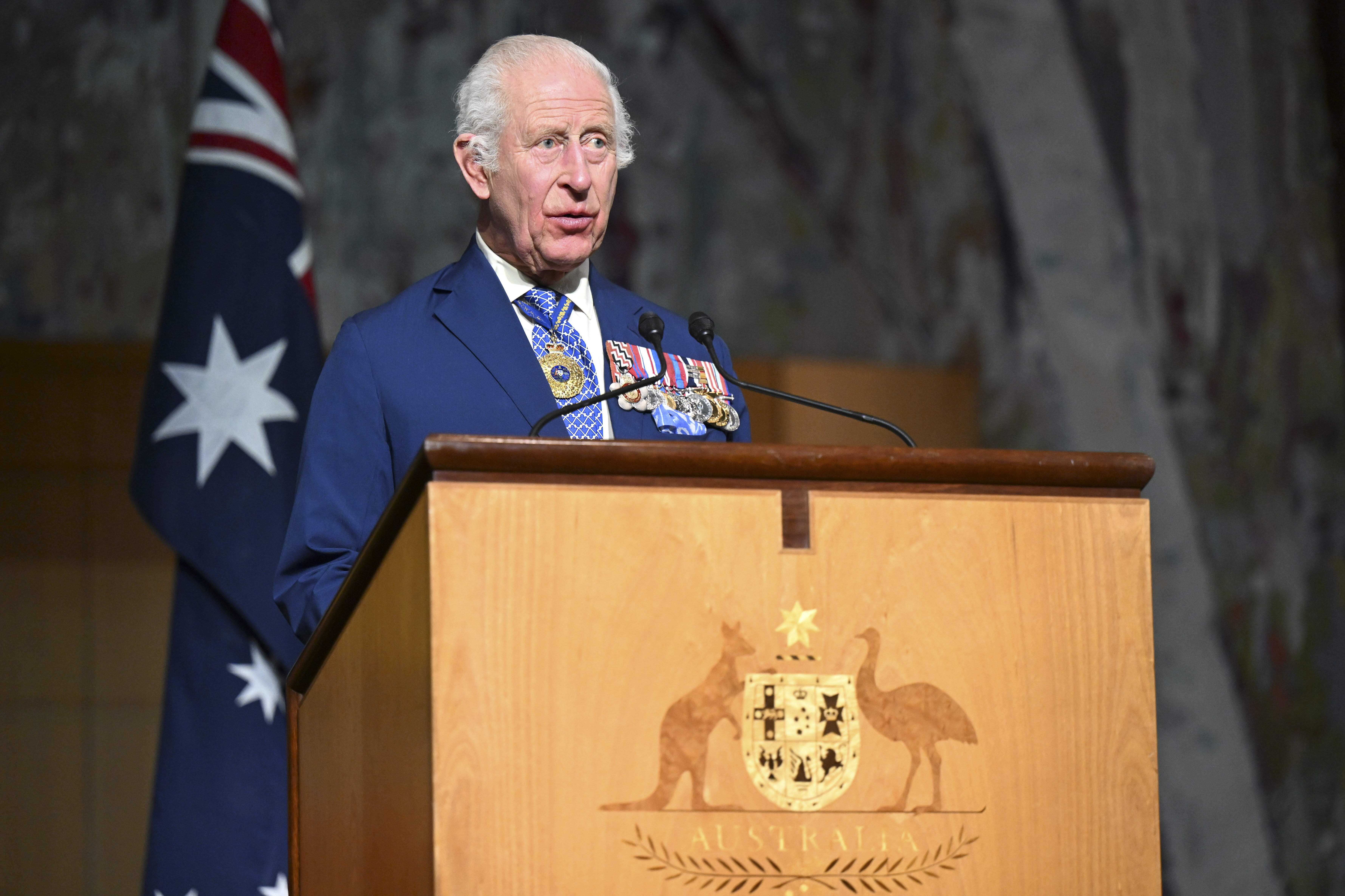 Britain's King Charles III delivers a speech while attending a parliamentary reception hosted by Australian Prime Minister Anthony Albanese and partner Jodie Jaydon at Parliament House in Canberra, Australia, on Oct. 21, 2024.