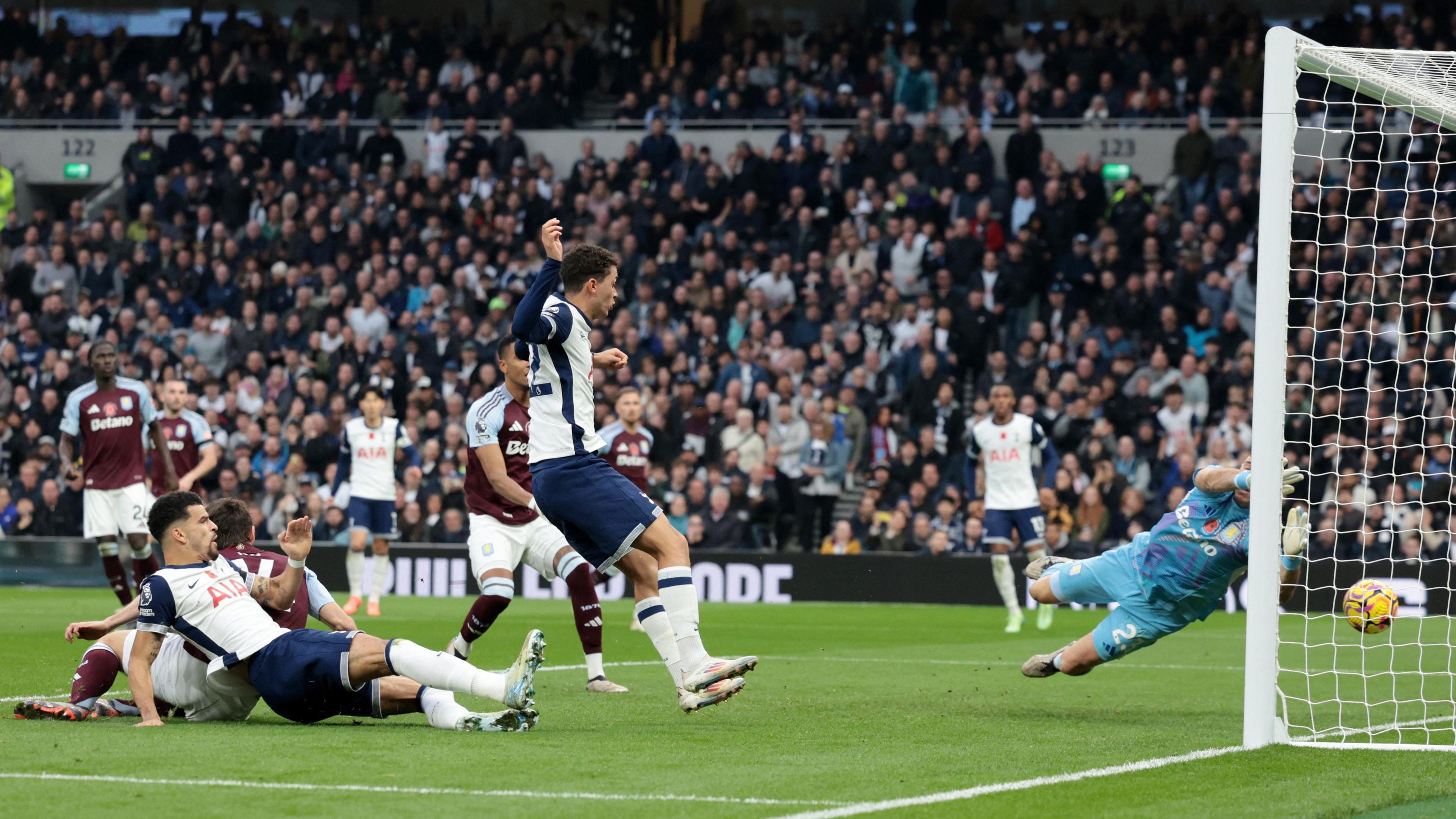 Brennan Johnson scores Tottenham's equaliser against Aston Villa