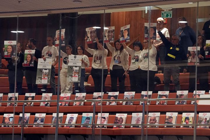 Relatives of hostages kidnapped by Hamas in Gaza protest during a session of the Knesset, Israel's parliament, in Jerusalem, on Monday Nov.18, 2024.