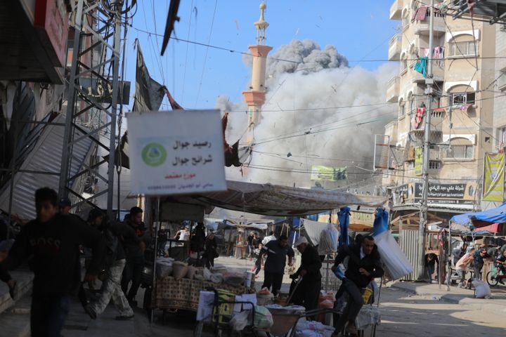 Smoke rises from the Faruq Mosque following Israel's intense airstrikes on the Nuseirat Refugee Camp in Gaza City, Gaza on November 23, 2024. (Photo by Hassan Jedi/Anadolu via Getty Images)