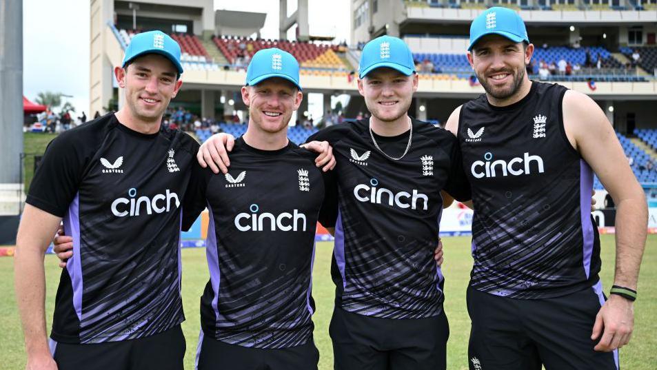 England debutants John Turner, Jordan Cox, Dan Mousley and Jamie Overton wearing their ODI caps.