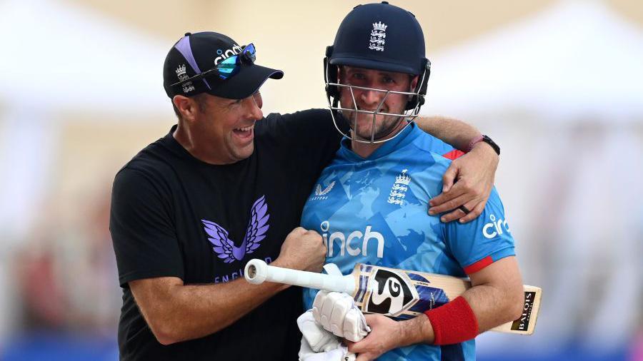  Liam Livingstone of England celebrates with coach Marcus Trescothick.