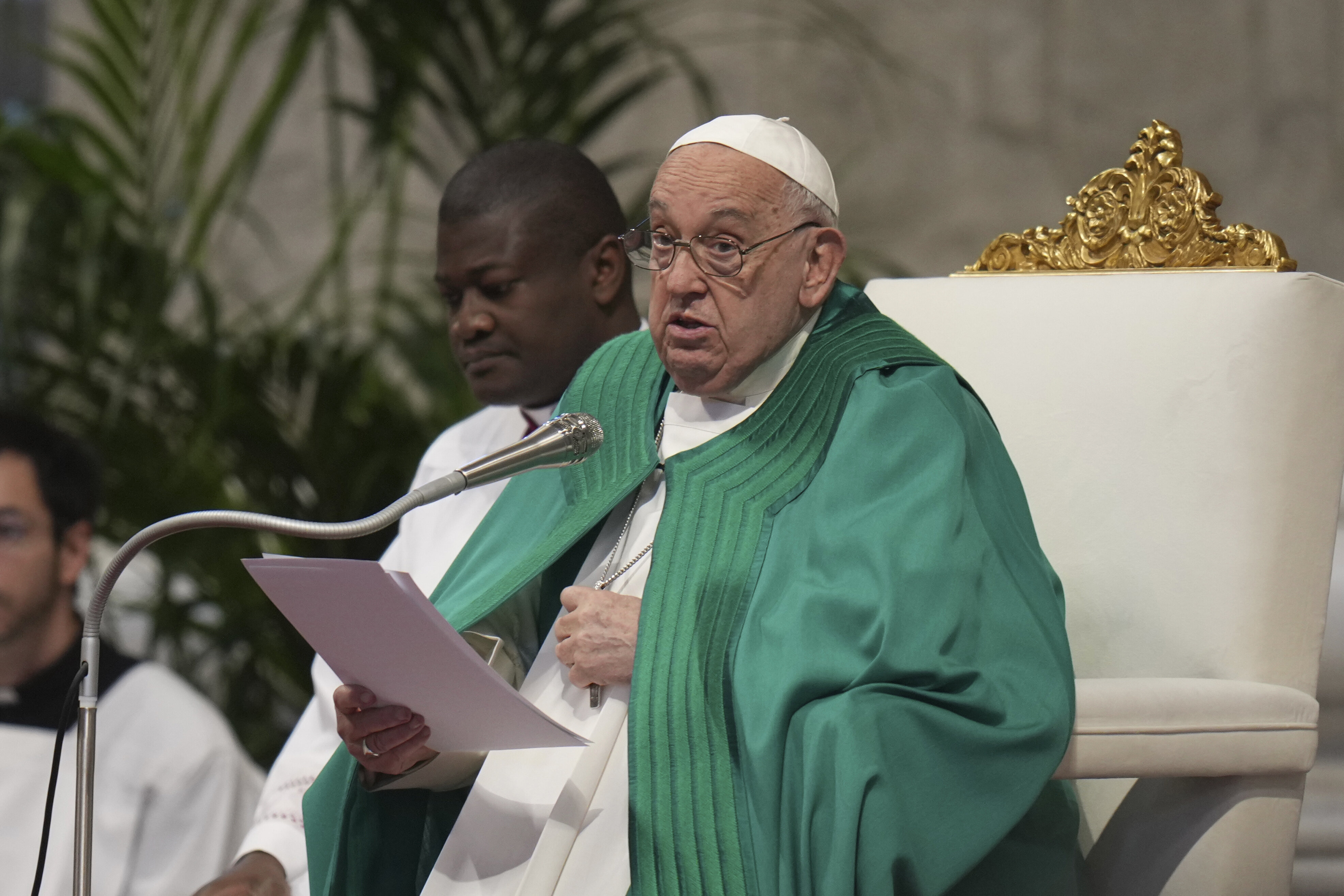 Pope Francis delivers his speech during a mass on the occasion of the World Day of the Poor in St. Peter's Basilica, at the Vatican, on Nov. 17, 2024.