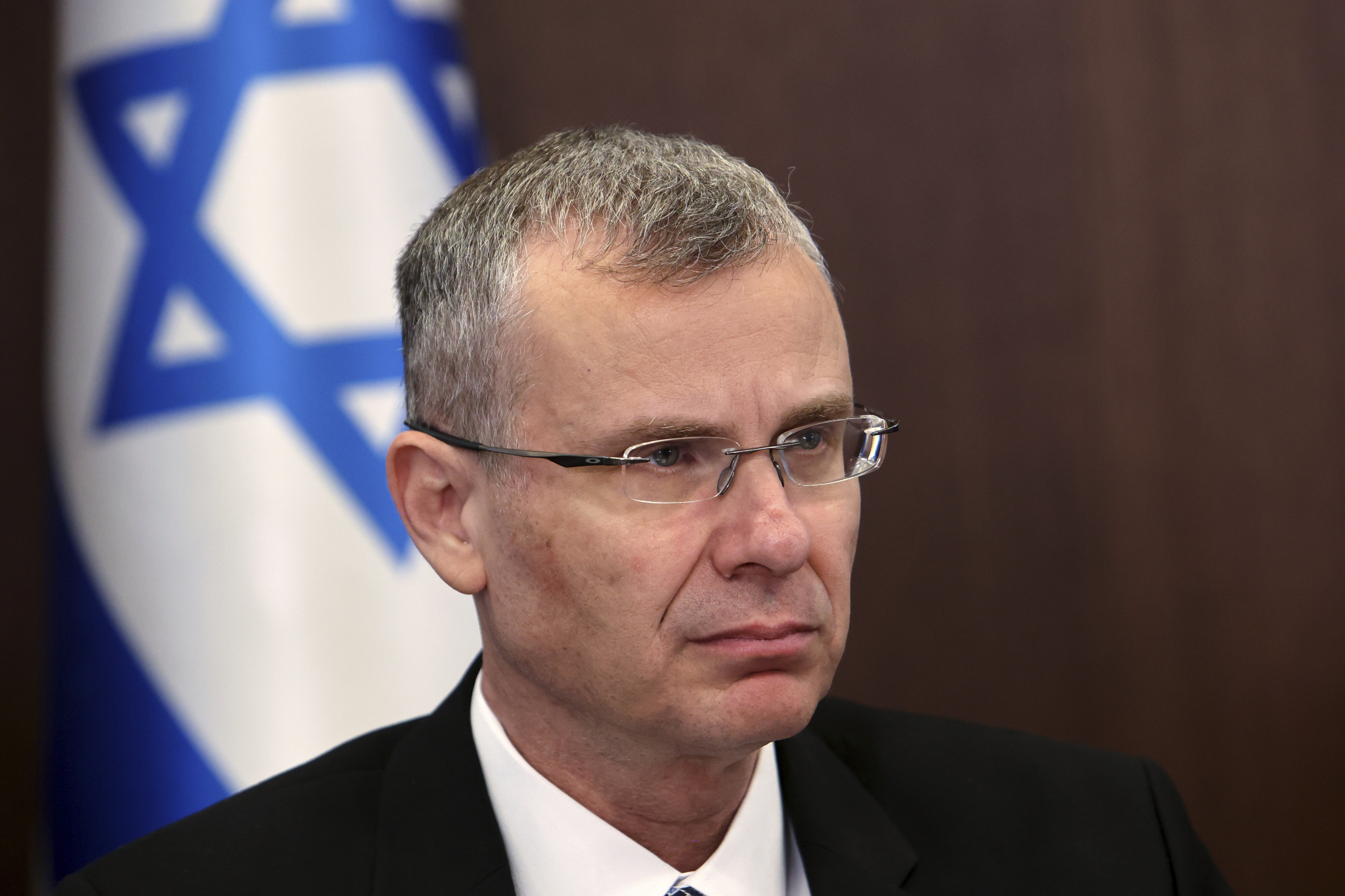 Israel's Minister of Justice Yariv Levin attends attends the weekly cabinet meeting at the prime minister's office in Jerusalem, Israel, Sunday, July 9, 2023. (Gil Cohen-Magen/Pool Photo via AP)