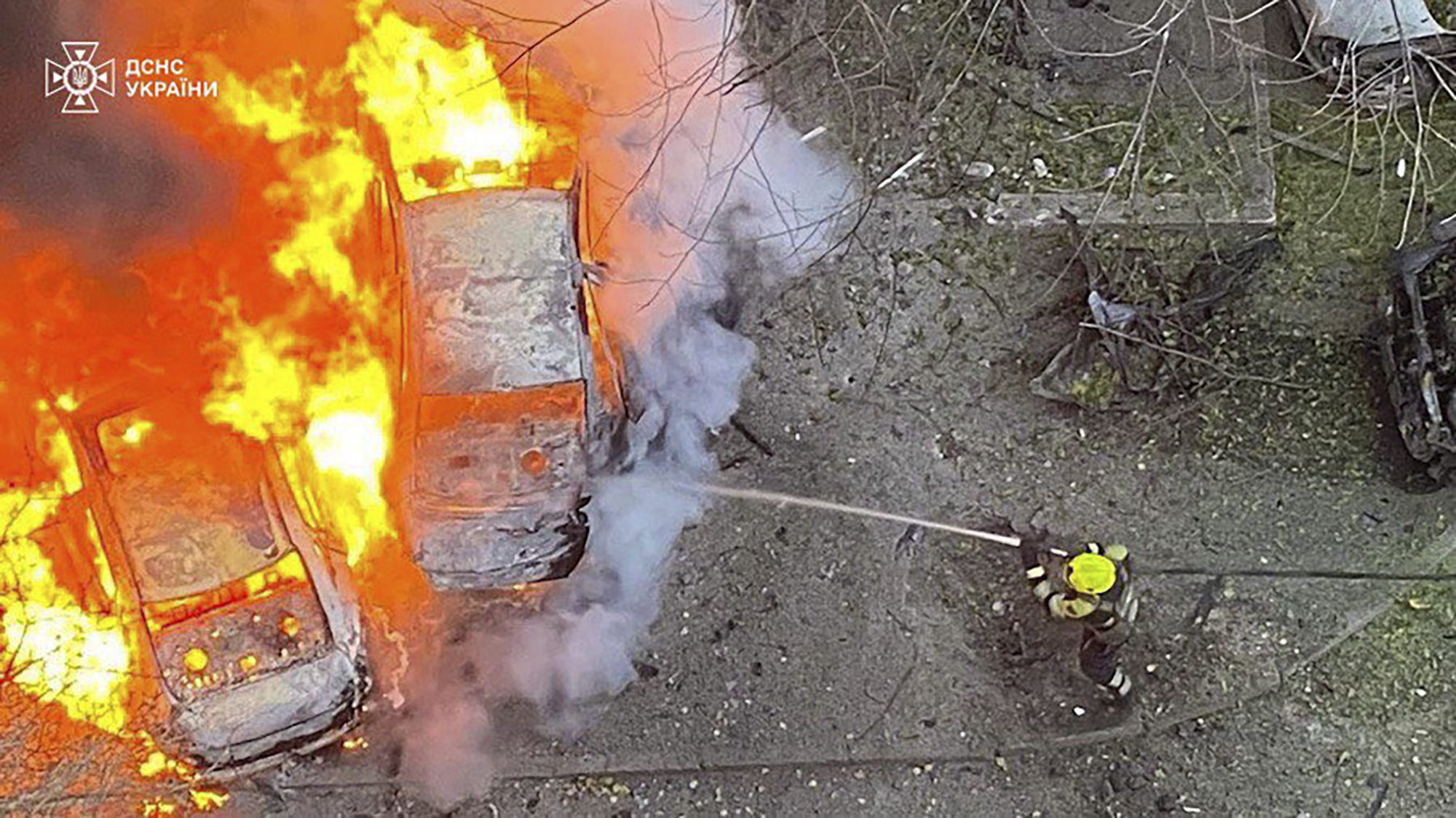 In this photo provided by the Ukrainian Emergency Service, emergency services personnel work to extinguish a fire following a Russian rocket attack in Poltava region Ukraine, Sunday, Nov. 17, 2024. (Ukrainian Emergency Service via AP)