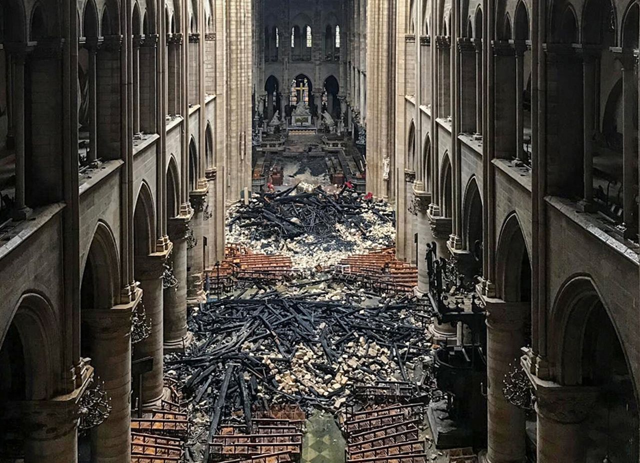 A picture taken on April 16, 2019, shows an interior view of the cathedral after a fire devastated the building.