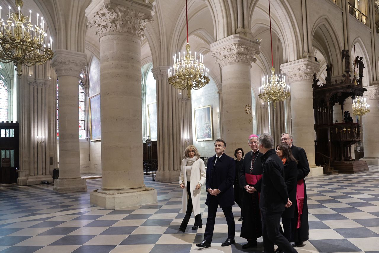 Macron; his wife, Brigitte; French Minister of Culture and Heritage Rachida Dati; and Paris Archbishop Laurent Ulrich visit Notre Dame on Friday.