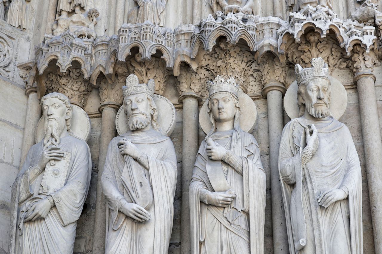 This photograph shows part of the bas-relief outside Notre Dame Cathedral.