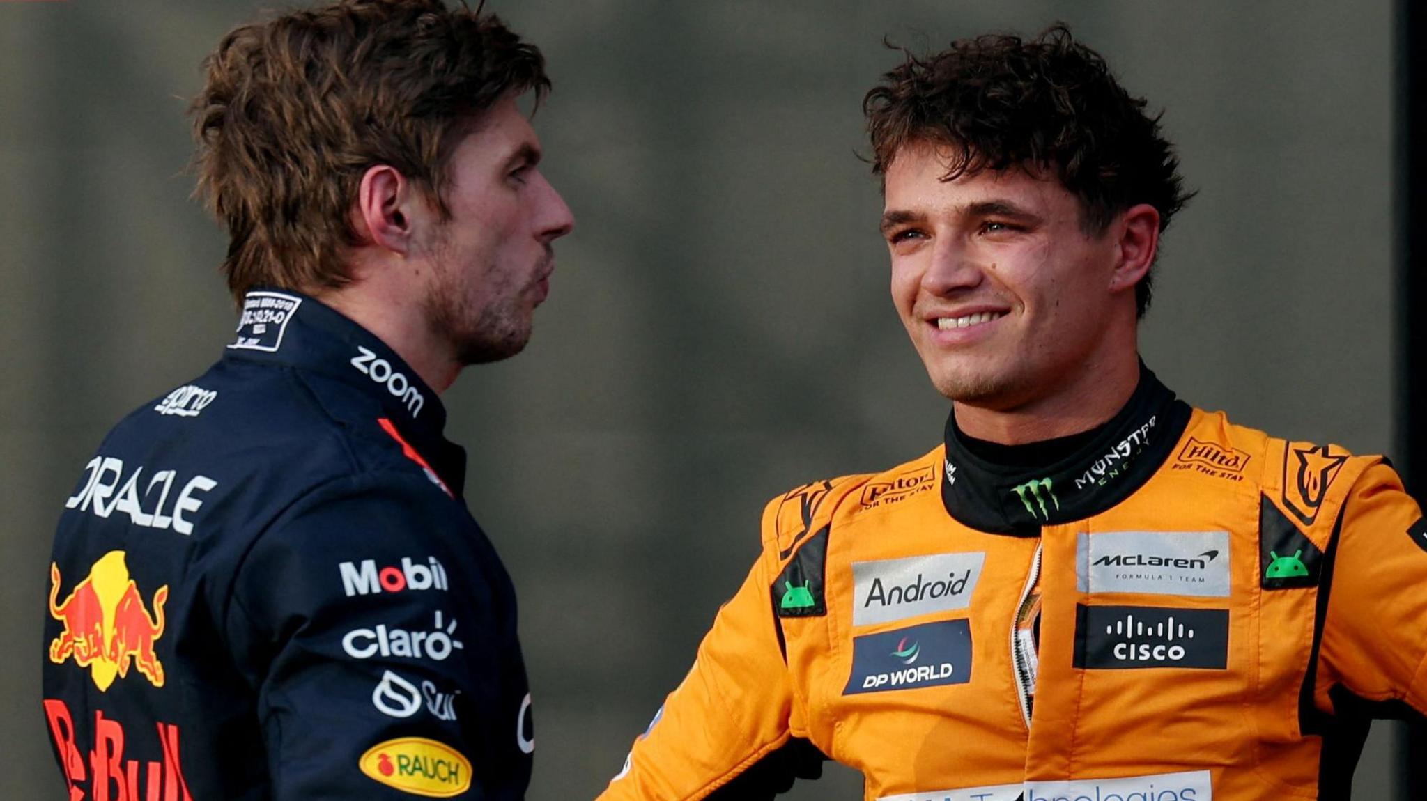 Lando Norris and Max Verstappen talking to each other after qualifying for the United States Grand Prix