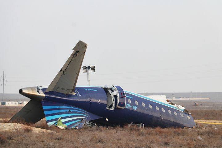 Evidence being collected at the crash site of an Azerbaijan Airlines (AZAL) passenger plane near Aktau, Kazakhstan, on December 27, 2024.