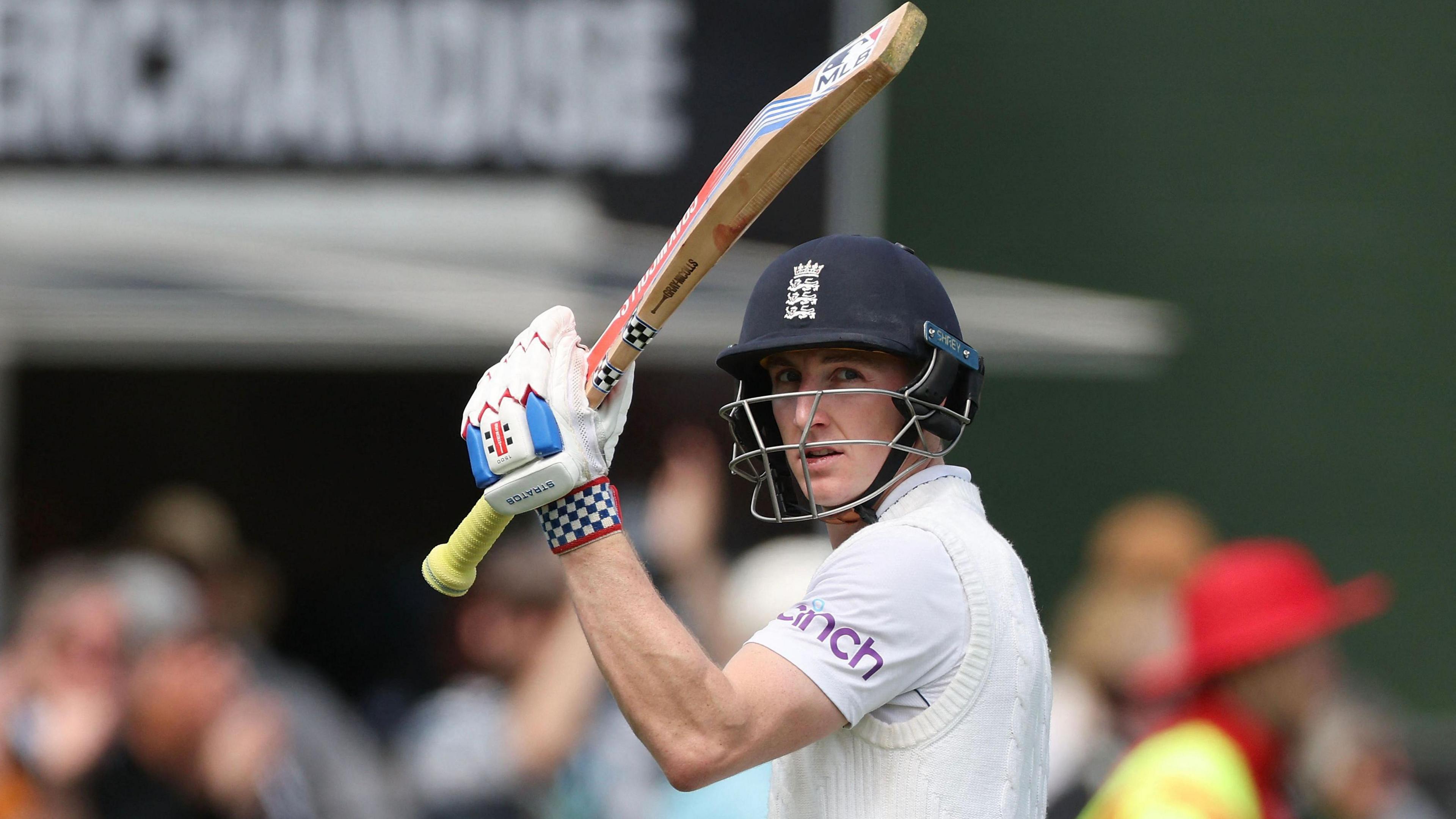 Harry Brook acknowledges the crowd after his 123 for England in the second Test against New Zealand in Wellington