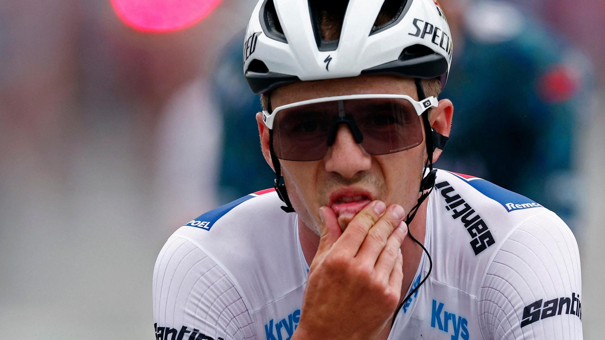 Remco Evenepoel with his hand on his chin during the 2024 Tour de France