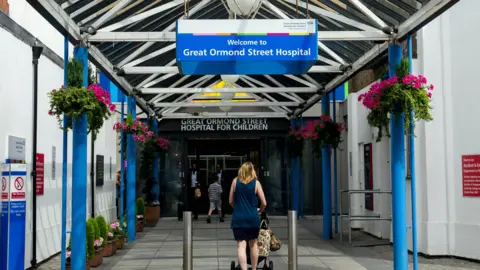 EPA A woman with a pushchair is walking into the main entrance of Great Ormond Street Hospital. It's summer and there are baskets of pink flowers hanging from the entrance porch.