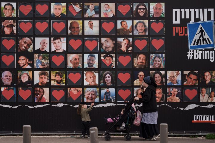 A wall in Jerusalem displays photographs of hostages who were kidnapped by Hamas during the Oct. 7, 2023, attack on Israel. A report released by the Israeli Health Ministry on Dec. 28, 2024, details what it said was widespread physical, psychological and sexual abuse experienced by Hamas' hostages in Gaza.