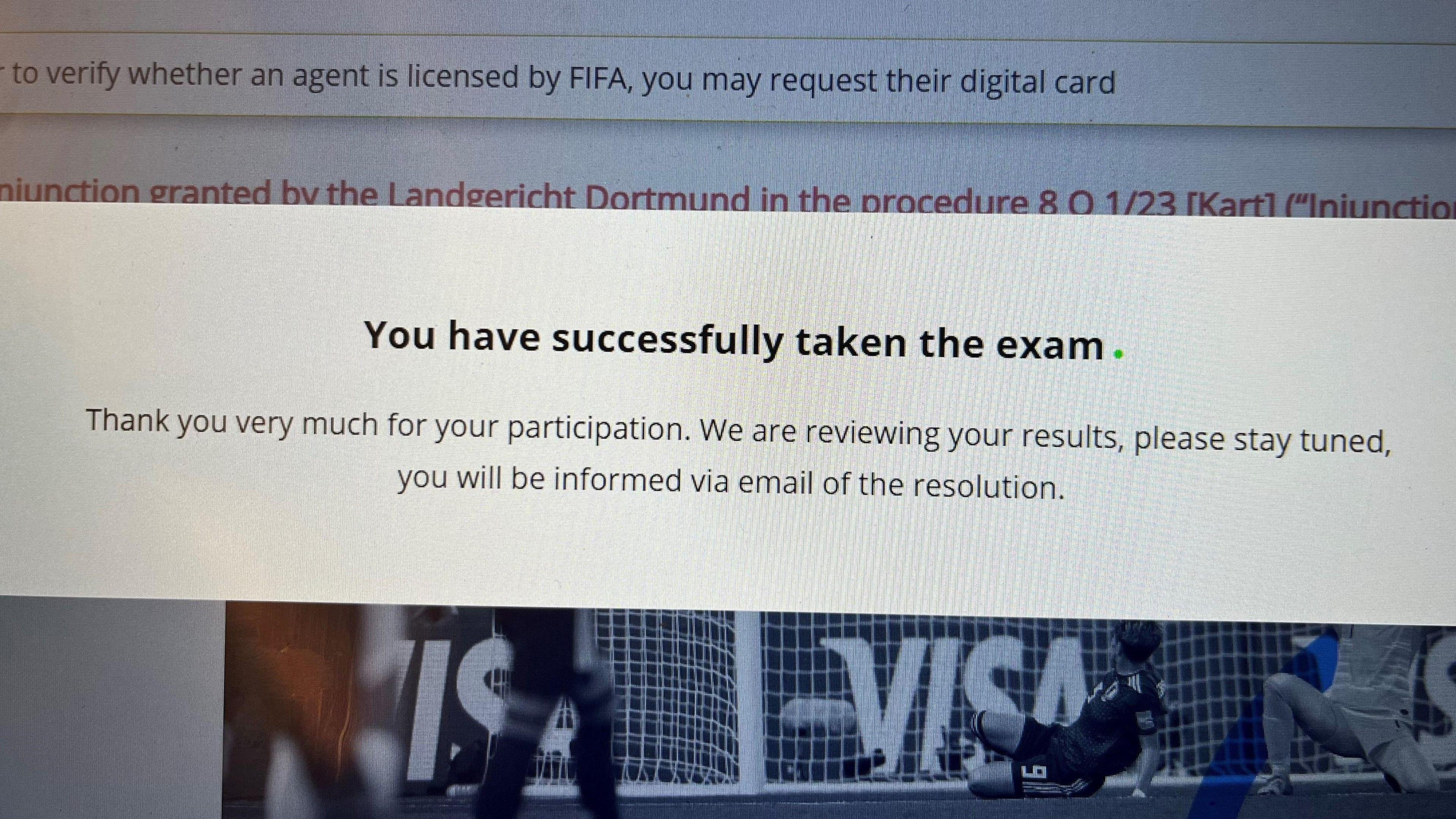 A picture confirming a candidate has completed the Fifa agent exam