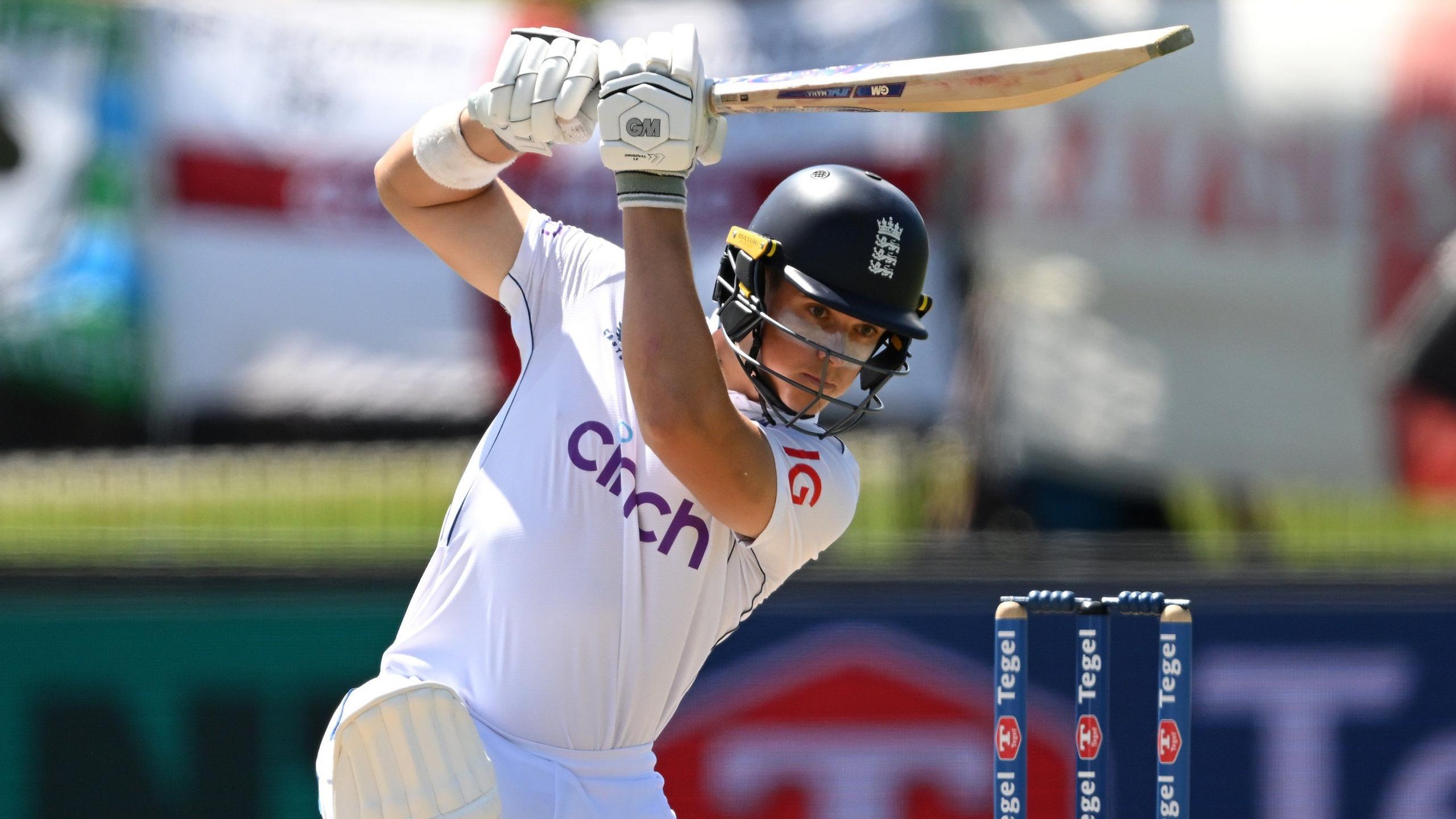 England batter Jacob Bethell plays a shot