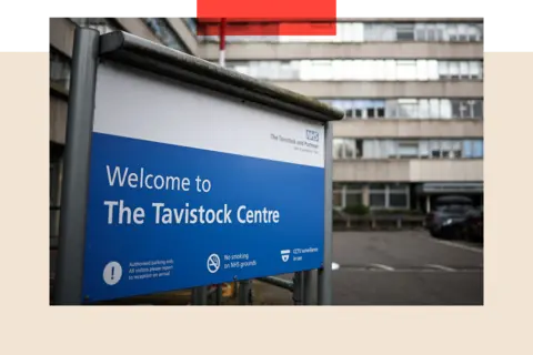 Getty Images An NHS sign that reads "Welcome to the Tavistock Centre". It is on a blue background and mounted on posts. Behind it is a grey building and the edge of a car park.