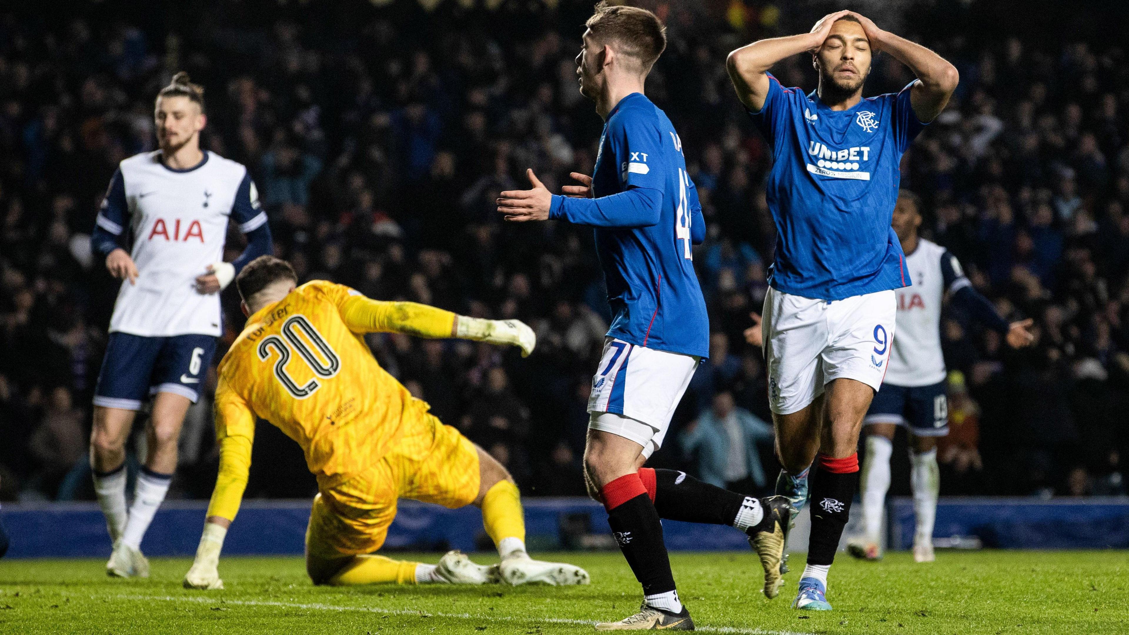 Cyriel Dessers is denied by Fraser Forster late on at Ibrox