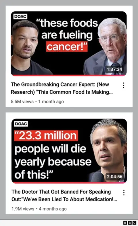 YouTube Two of the YouTube thumbnails advertising the podcast. The top one shows Mr Bartlett's head on the left and a grey haired man with glasses and a suit on the right. On a black background is white lettering with the quote, 'these foods are fuelling cancer' with the last word highlighted in red. They have the DOAV logo in the corner. The second image has a man with short grey hair in front of a microphone. In the same style as the other photo, there's a quote in white lettering which says '2.3 million people will die yearly because of this!'. His episode is titled underneath, 'The Doctor That Got Banned For Speaking Out: We've Been Lied To About Medication!'