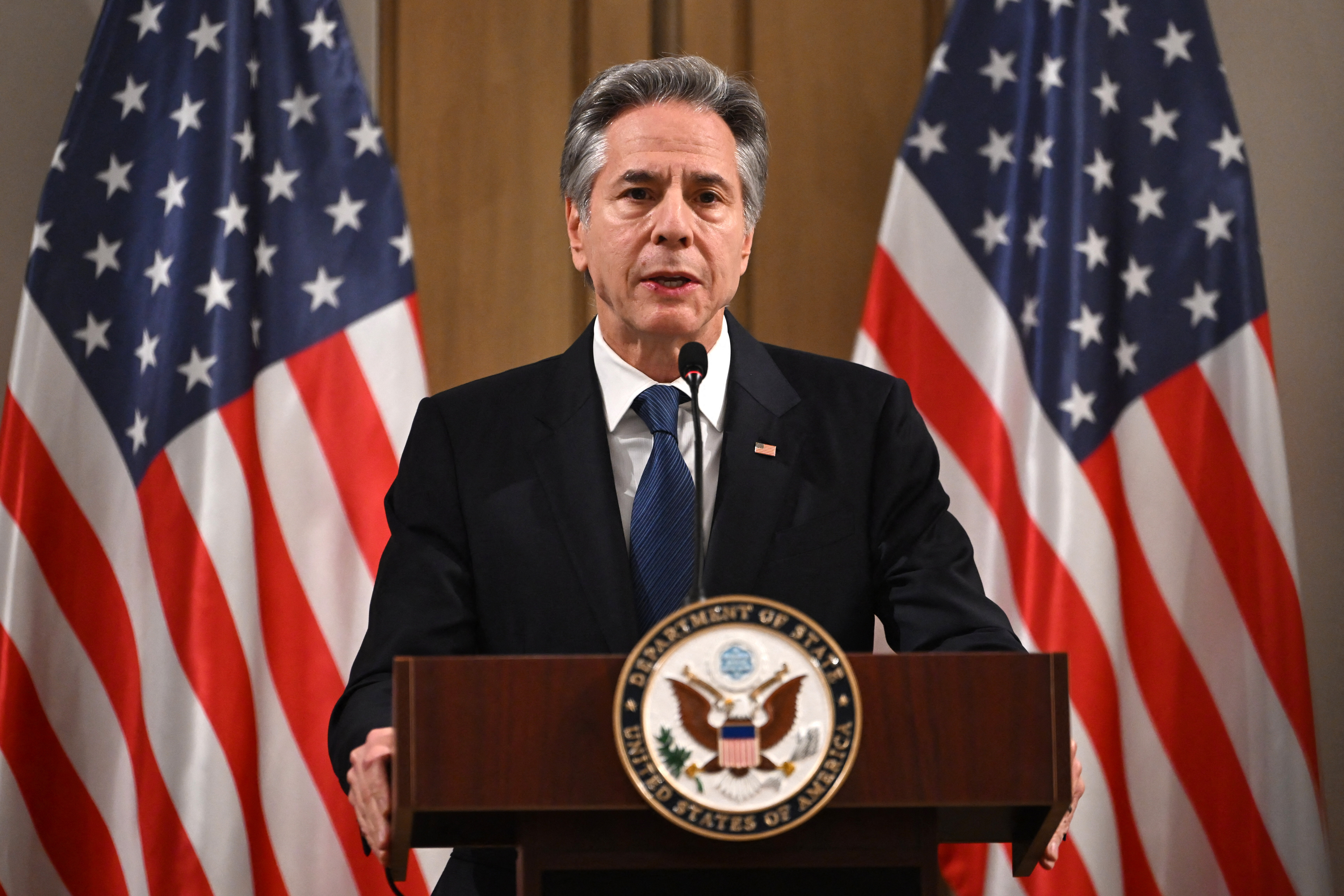 U.S. Secretary of State Antony Blinken delivers a statement to the press after the meeting with the foreign ministers of the Arab Contact Group on Syria in Jordan's southern city of Aqaba on December 14, 2024. (Photo by ANDREW CABALLERO-REYNOLDS/AFP via Getty Images)