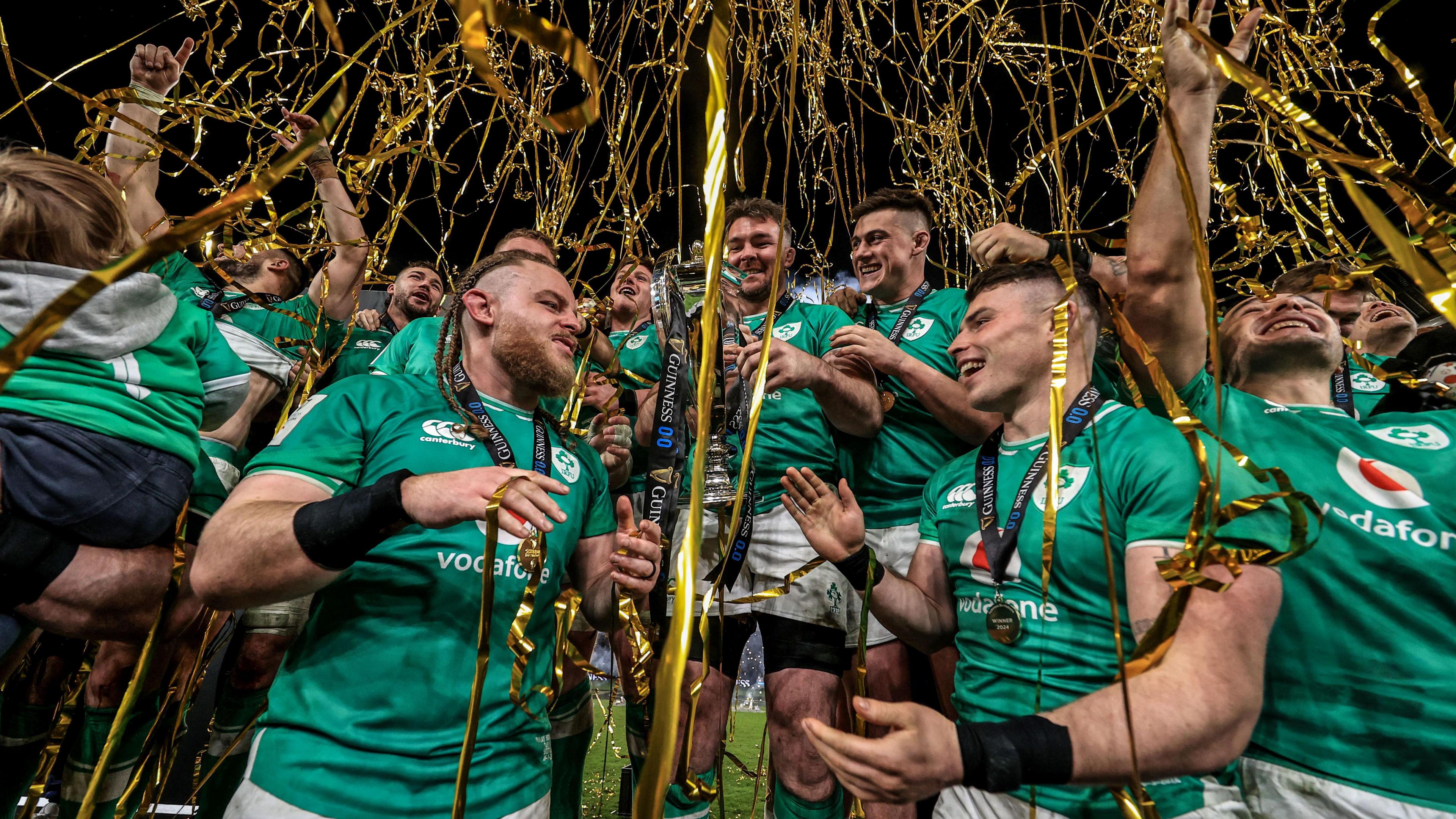 Ireland players celebrate their 2024 Six Nations success