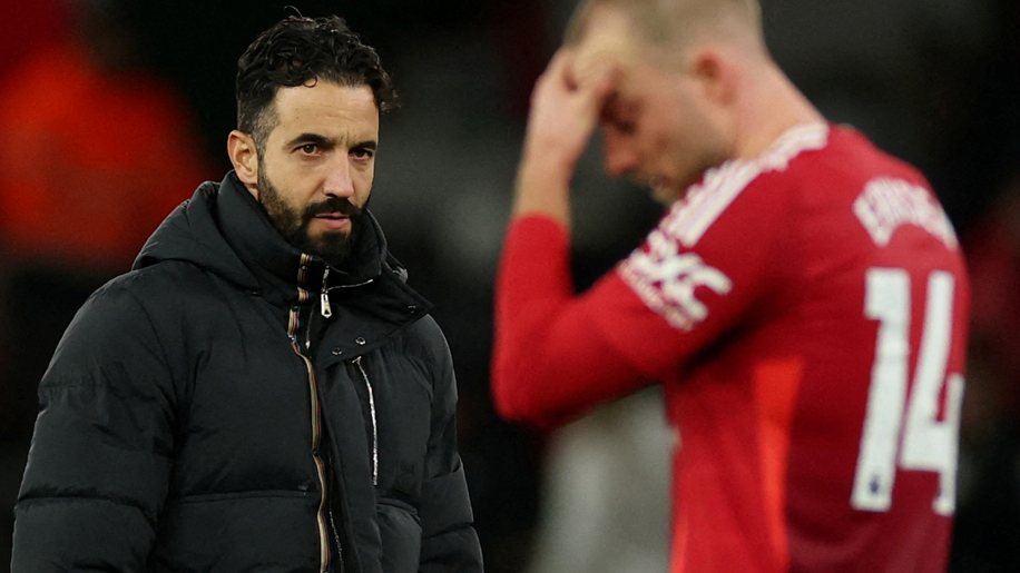 Manchester United boss Ruben Amorim and player Christian Eriksen react after the home defeat to Newcastle United