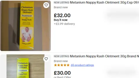 A screen shot of online auction listings for Metanium Nappy Rash Ointment, showing prices of £32 and £30 for a tube