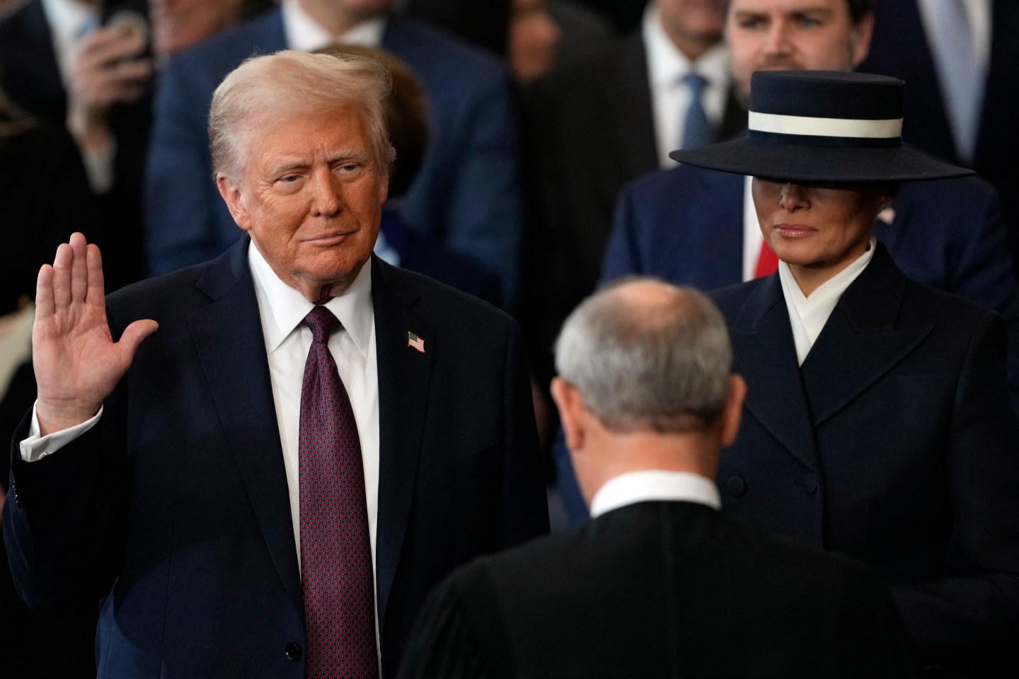 Photo: Donald Trump is sworn in as the 47th president of the United States by Chief Justice John Roberts as Melania Trump holds the Bible in the US Capitol Rotunda in Washington, DC, on January 20, 2025. Donald Trump is sworn in as the 47th president of the United States by Chief Justice John Roberts as Melania Trump holds the Bible (Photo by Julia Demaree Nikhinson / AFP) (Photo by JULIA DEMAREE NIKHINSON/AFP via Getty Images)