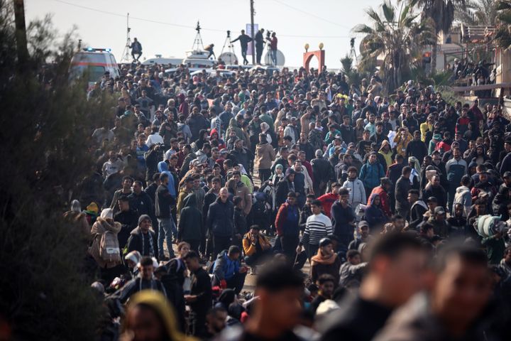 Displaced Palestinians wait to be allowed to return to their homes in northern Gaza after Israel forced them to move south during the war, amid a ceasefire between Israel and Hamas, in the central Gaza Strip, on Jan. 26, 2025.