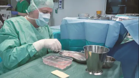 University Hospital Schleswig-Holstein A doctor wearing a green surgical gown, mask and white gloves looks at pink-coloured patches of heart muscle in a metal tray, before carrying out surgery