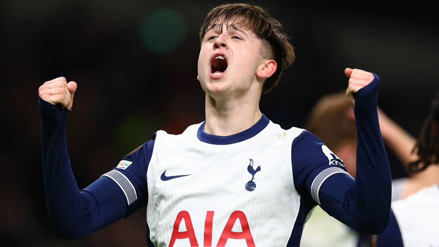 Mikey Moore celebrates scoring for Tottenham against Elfsborg in the Europa League