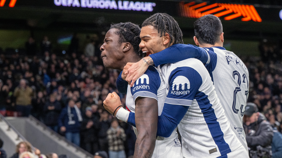 Tottenham's players celebrate scoring against Elfsborg in the Europa League