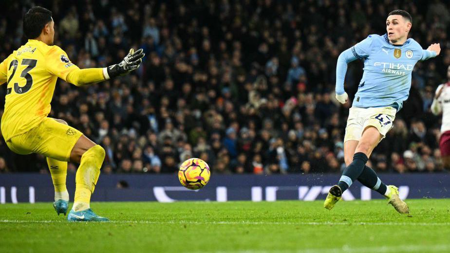 Phil Foden scoring for Manchester City