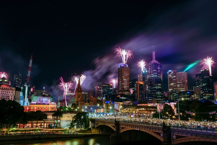 A general view of New Year's fireworks and light-show looking towards the central business district on January 01, 2025 in Melbourne, Australia. (Photo by Asanka Ratnayake/Getty Images)