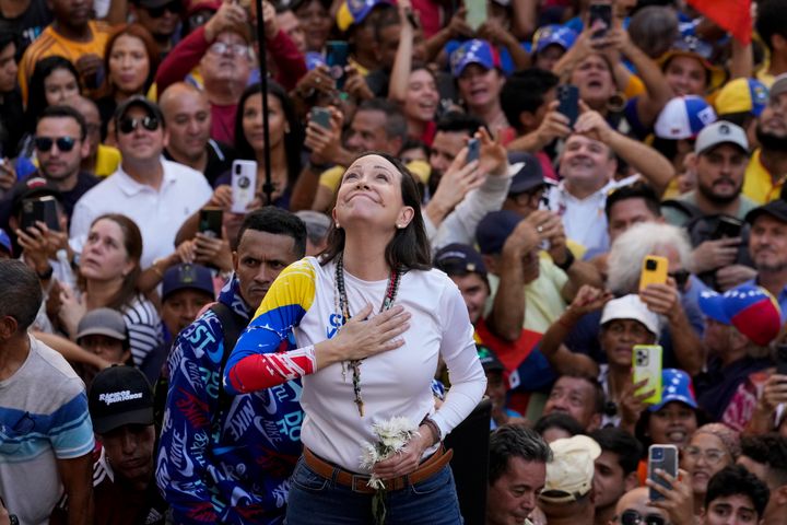 Venezuelan opposition leader Maria Corina Machado addresses supporters at a protest against President Nicolas Maduro in Caracas, Venezuela, on Jan. 9, 2025, a day ahead of Maduro's inauguration ceremony.