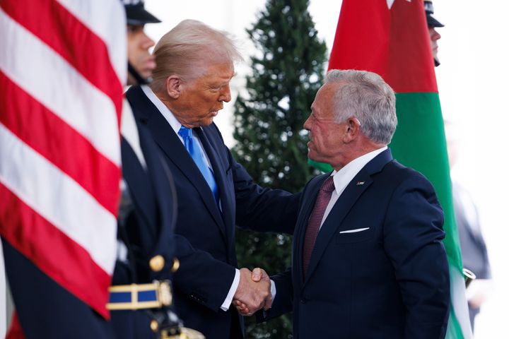 U.S. President Donald Trump greets Jordan's King Abdullah II outside the White House in Washington, D.C., on Tuesday, Feb. 11, 2025. Trump said Israel should call off its ceasefire with Hamas if the hostages aren't returned this weekend, raising concerns over the durability of the six-week truce in Gaza.