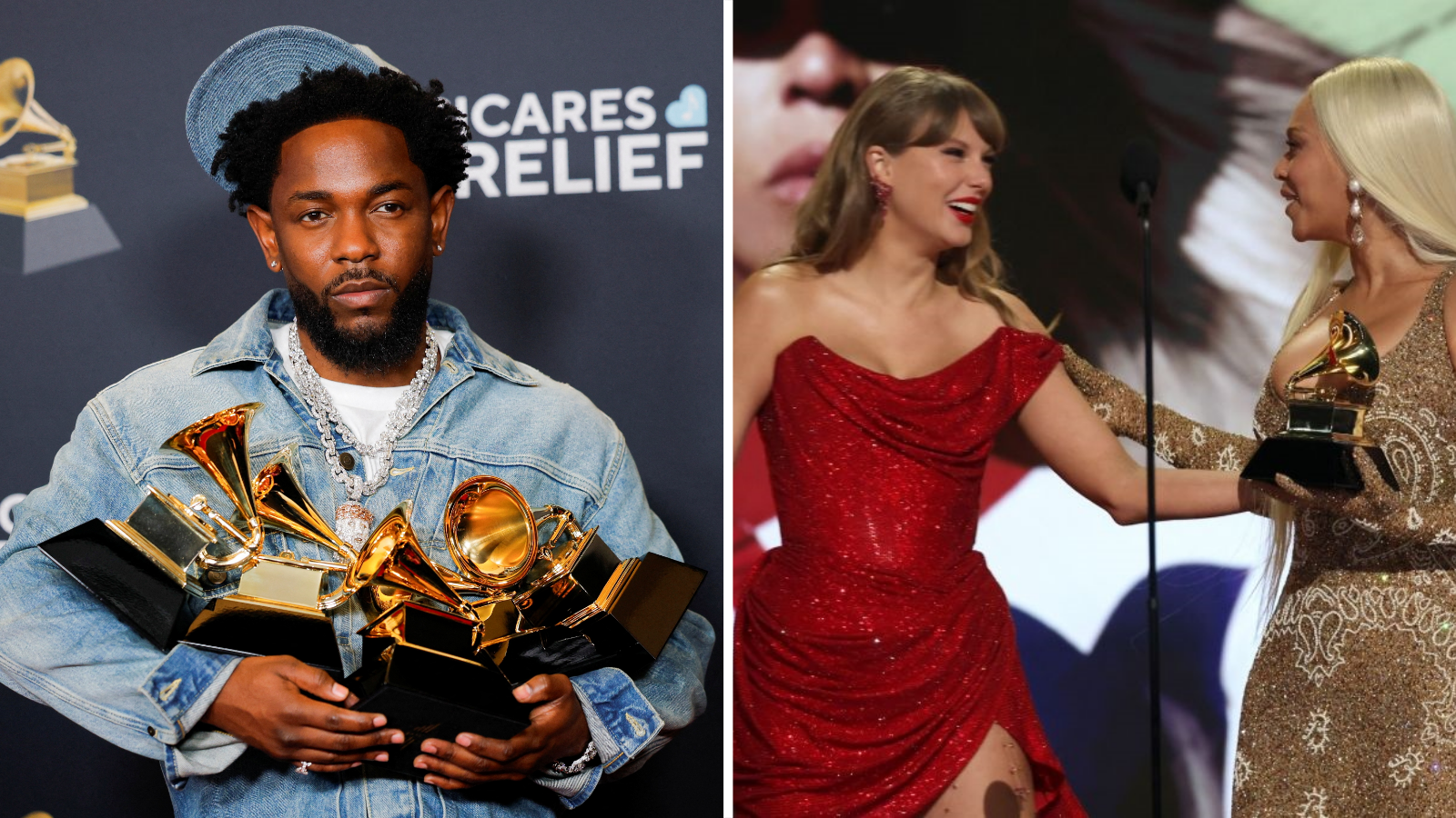 Split image of Kendrick Lamar holding five Grammy awards and Taylor Swift presenting an award to Beyonce